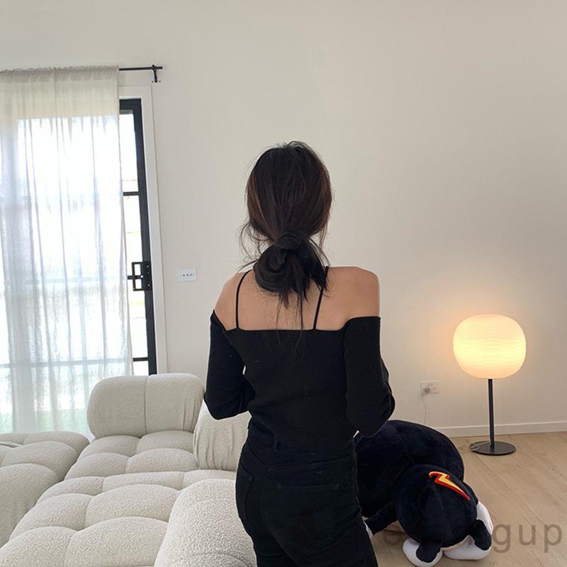 Đầm Dệt Kim Tay Dài Trễ Vai Màu Trơn / Trắng / Đen Thời Trang Mùa Hè Cho Nữ