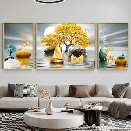 HD50 Bộ 3 bức tranh treo tường Nai Sừng Tấm Khí Quyển Có Khung kèm đinh gắn tường trí phòng khách / Salon làm đẹp