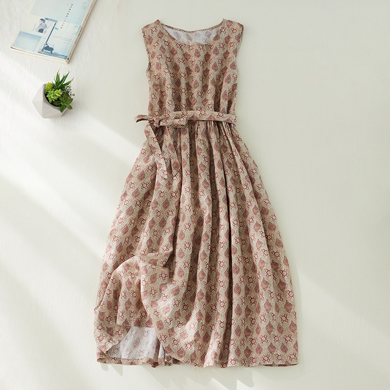 Váy Liền Thân Sát Nách Dáng Dài Vải Lanh Cotton Màu Hồng Hình Thoi Eo Cao Phong Cách Phương Tây