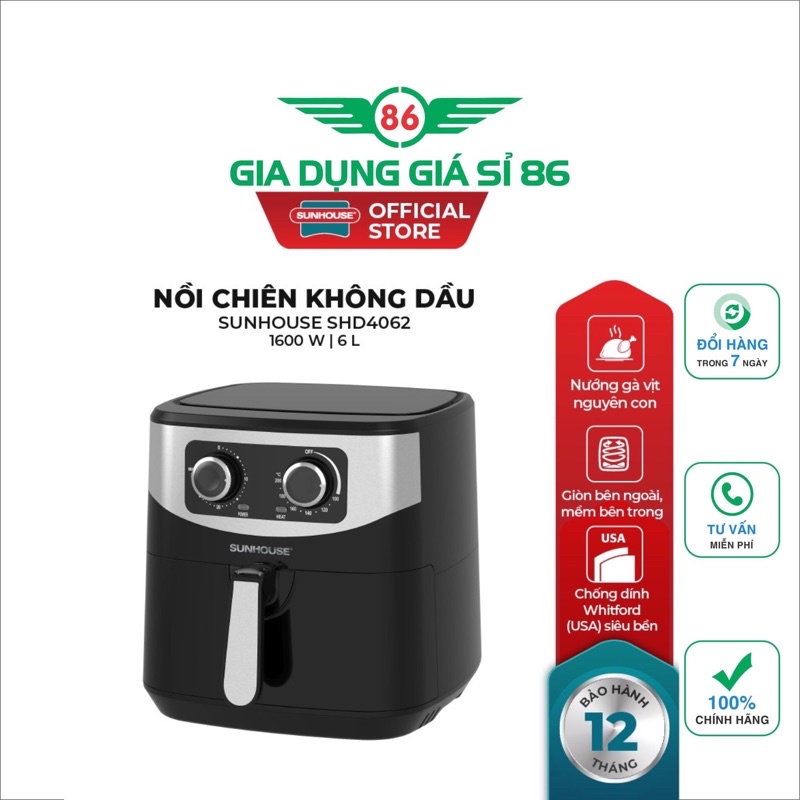 [Mã ELHADEV giảm 4% đơn 300K] Nồi chiên không dầu 6L SUNHOUSE SHD4062 ( Bảo Hành 12 Tháng)