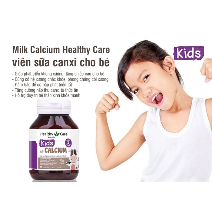 canxi sữa cho bé Milk Calcium Healthy care, chắc xương cao lớn cho trẻ em, lọ 60 viên - Trung Đông Pharmacy