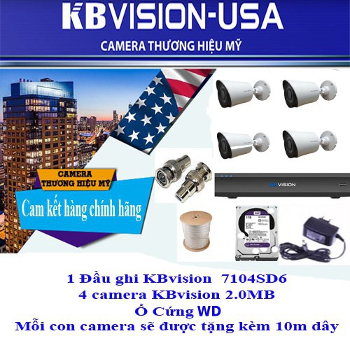 Trọn bộ  4 camera Kbvision 2.0M  thương hiệu mỹ: ổ cứng 1 TB, dây và nguồn (Lắp đặt dễ dàng)