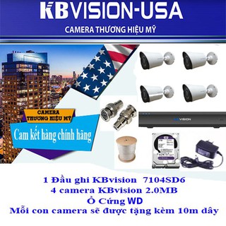 Trọn bộ 4 camera Kbvision 2.0M thương hiệu mỹ, bao gồm ổ cứng, dây và nguồn (Lắp đặt rất dễ dàng) thumbnail