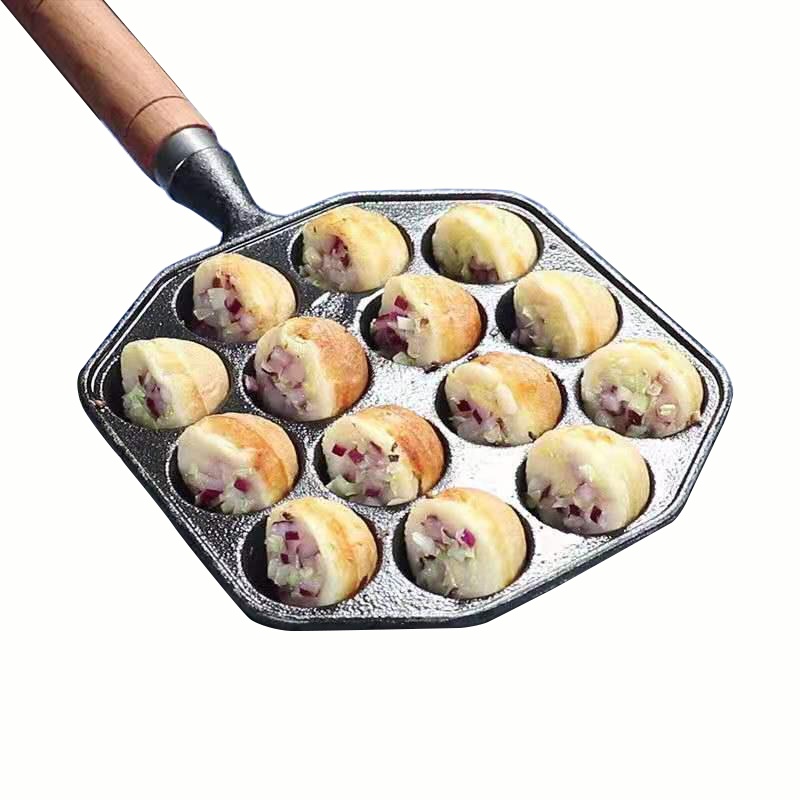 Chảo gang bạch tuộc nướng bánh Takoyaki 14 lỗ, khuôn đúc trứng cút chống dính dùng được bếp từ