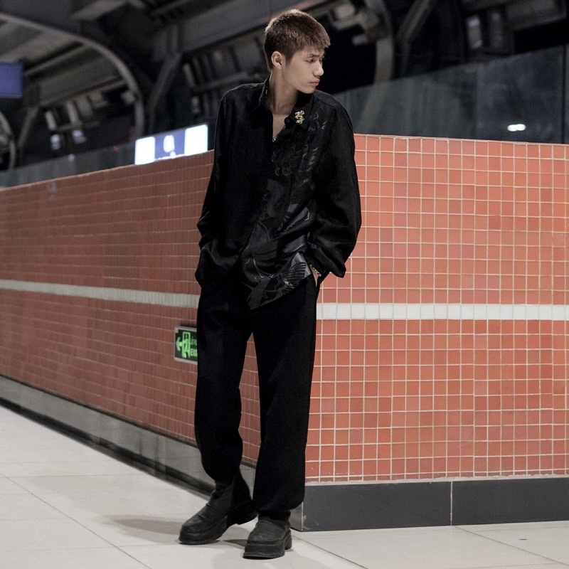 Áo sơ mi unisex Zune.zx form rộng đen in chìm hoạ tiết cá koi, Nishikigoi shirt