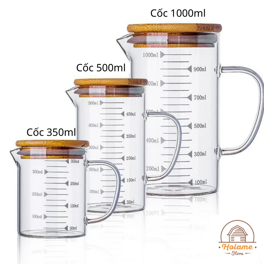 Cốc chia vạch, cốc chia vạch pha sữa bằng thủy tinh có miệng rót kèm nắp gỗ - 350ml; 500ml & 1000ml