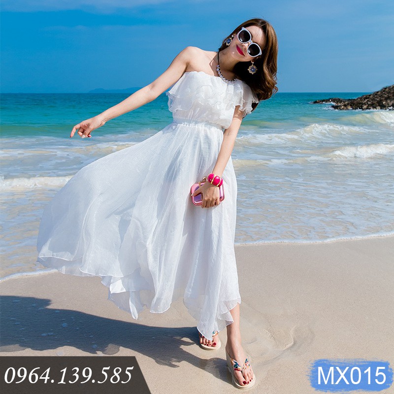 Đầm nữ maxi trắng dáng xòe lên dáng dịu dàng, váy vai trần tay bèo xinh xắn, mặc đi biển, du lịch, chụp ảnh mẫu | MX015