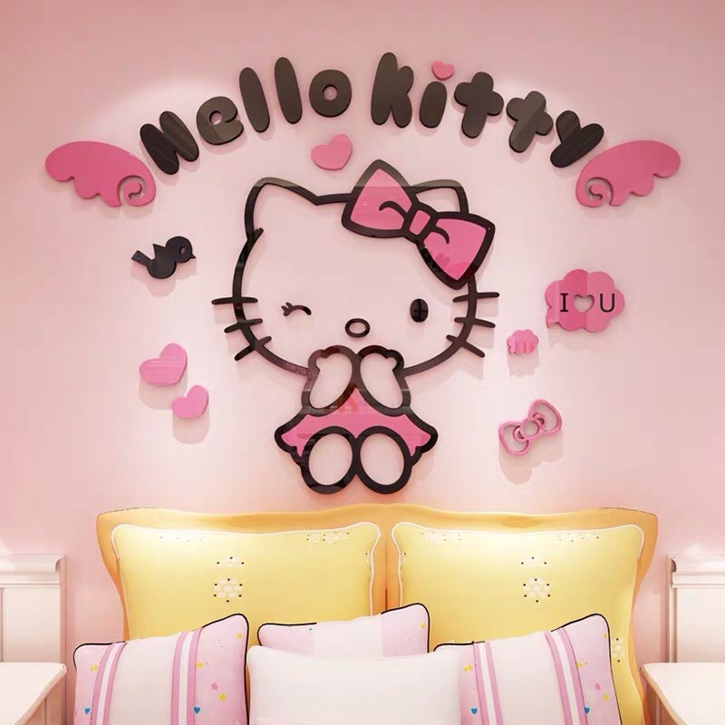 Tranh dán tường mica 3D kitty, hello kity trang trí phòng bé gái, trang trí phòng ngủ cực xinh, decal mica mèo hồng kity