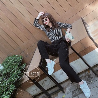 Set áo kẻ quần sớ đen