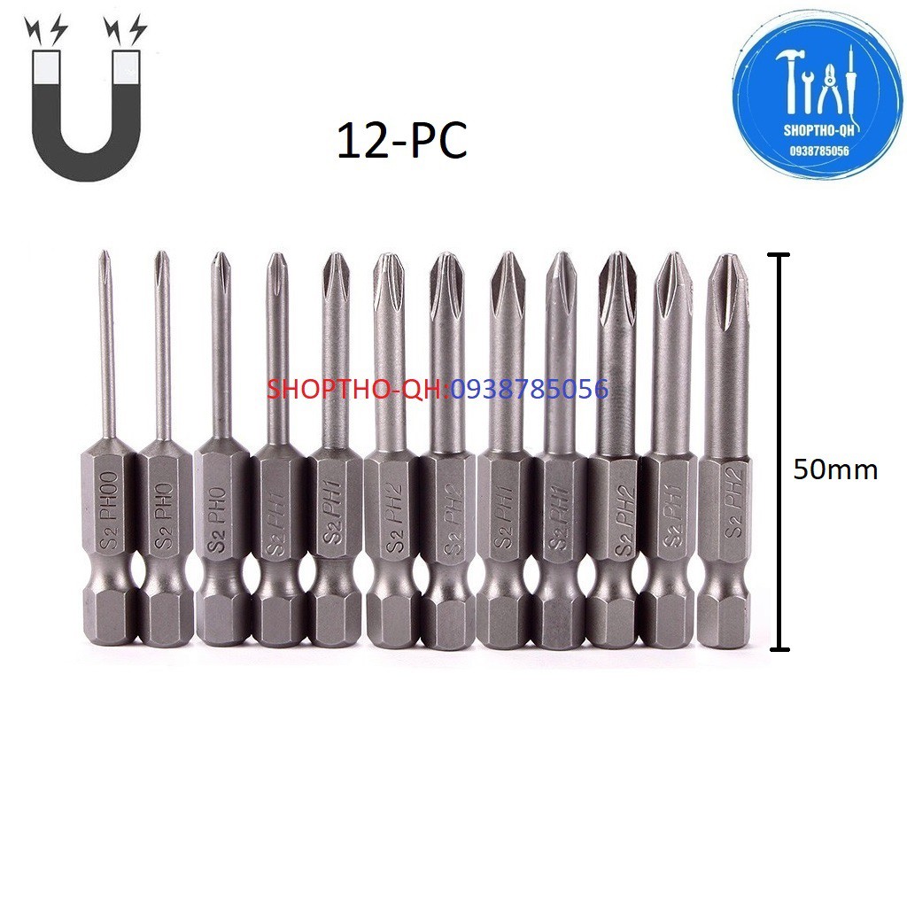 Bộ 12 đầu tua vít 4 cạnh có từ tính dài 50mm