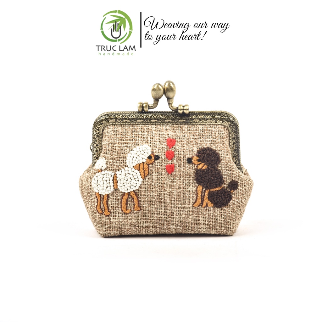 Ví Xu Cầm Tay Mini Khóa Nẹp Đồng Vải Gai Thêu Tay Họa Tiết Hai Chú Cún - Trúc Lâm Handmade