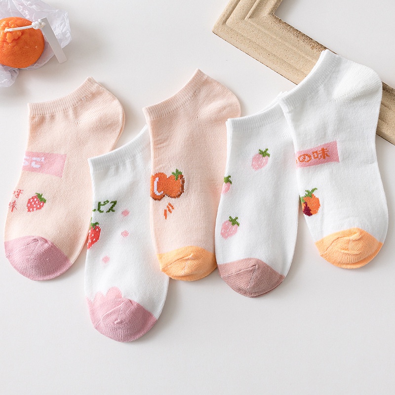 Set 5 Đôi Vớ Cotton In Hình Trái Cây / Động Vật Dễ Thương Cho Nữ