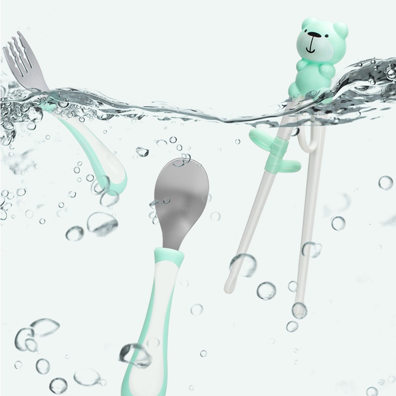 Bộ thìa nĩa đũa tập ăn cao cấp cho bé Unmei 🍖🌸 Set đũa muỗng ăn dặm hình gấu Unmei - Có kèm hộp đựng