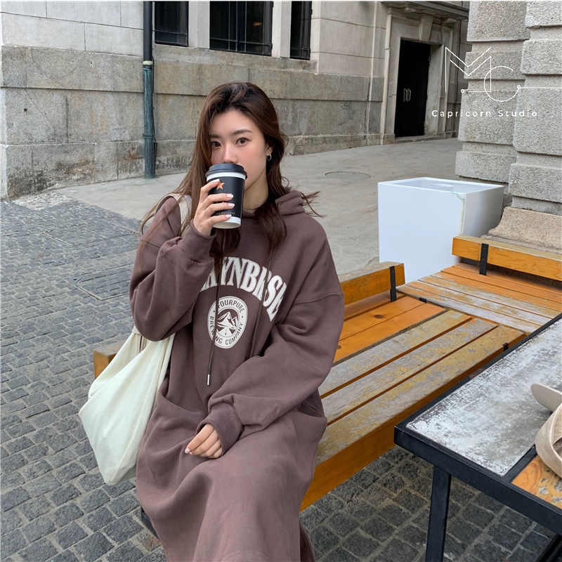 Váy/ Đầm oversize dáng hoodie có mũ trùm đầu dày dặn cho mùa đông ấm áp