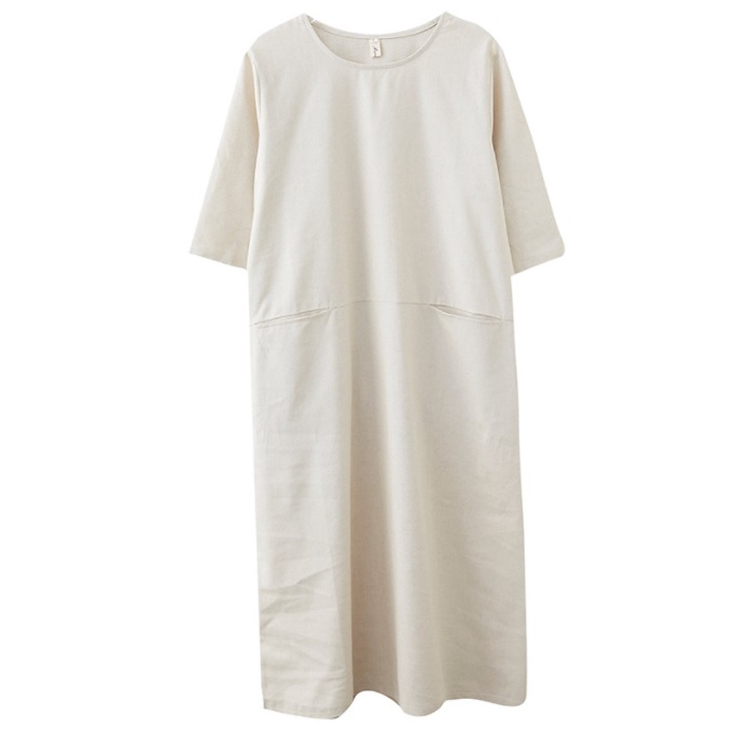 (TỔNG KHO LÂM ANH CHUYÊN SỈ) Đầm suông linen cổ tròn tay lỡ 2 túi bổ trước- Màu muối tiêu