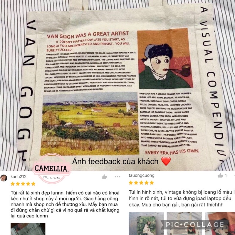 Túi tote vải Canvas vintage đeo vai (có khoá) in hình Vangogh phong cách Hàn Quốc đi học đi chơi