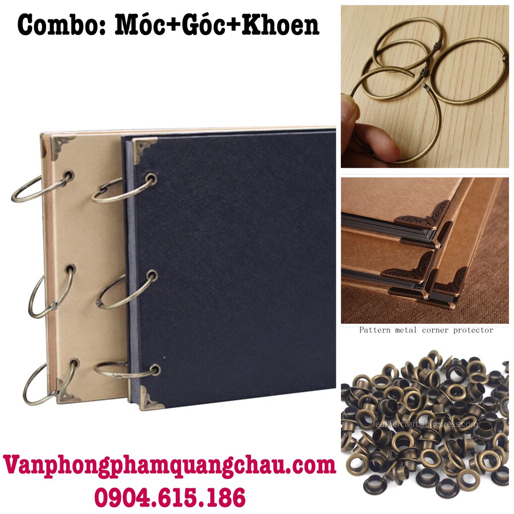 Combo nguyên liệu làm album, scrapbook handmade (8 bo góc, 3 móc, 6 khoen tròn)