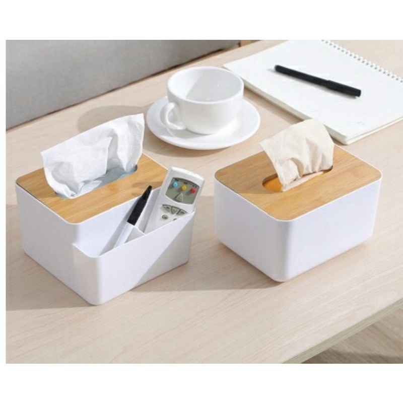 Hộp Đựng Giấy Ăn Để Bàn Có Chỗ Để Đồ Đa Năng, Hộp Giấy Ăn Nắp Gỗ - Decor Nhà Xinh