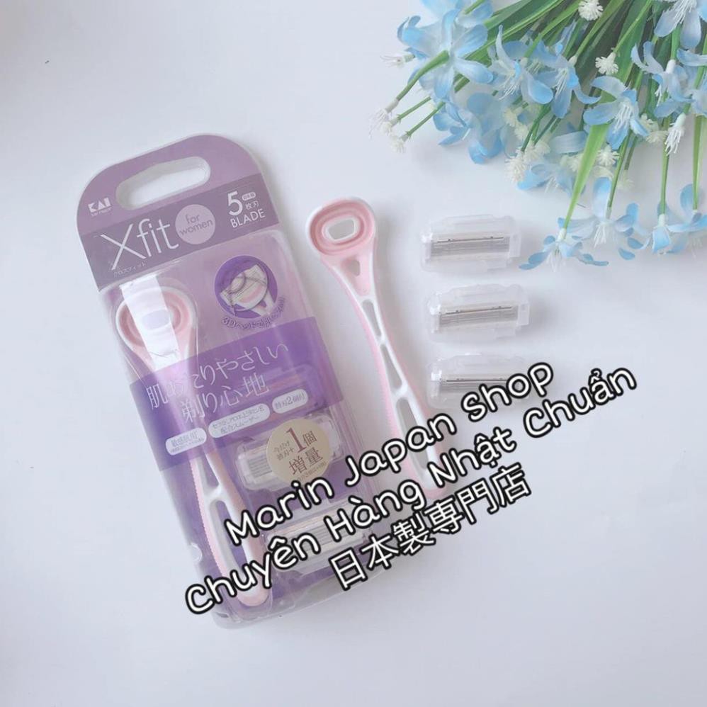 (Sale) Dao cạo lông body 5 lưỡi kép kèm 3 lưỡi dao thay thế Kai Xfit màu tím hồng nội địa Nhật Bản
