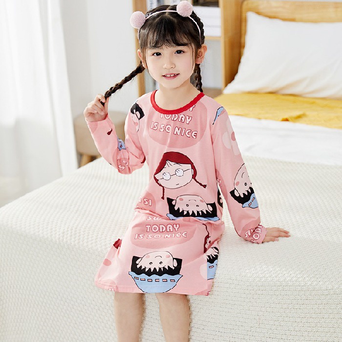 Đầm Ngủ Cotton Tay Dài Dễ Thương Cho Bé Gái
