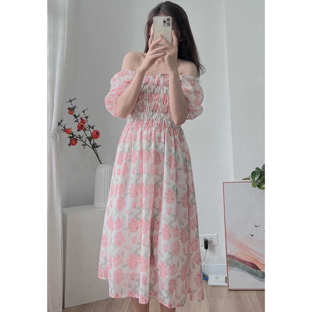 Đầm Váy Babydoll Hoa Hồng Chun Ngực Váy Cổ Vuông Hàn Quốc