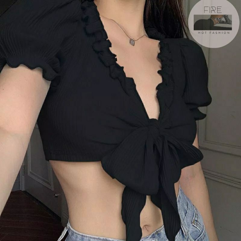 (ẢNH THẬT 100%) Áo thun ngắn croptop dây cột trước ngực tôn vòng 1 dễ phối đồ FIRE.VNB4