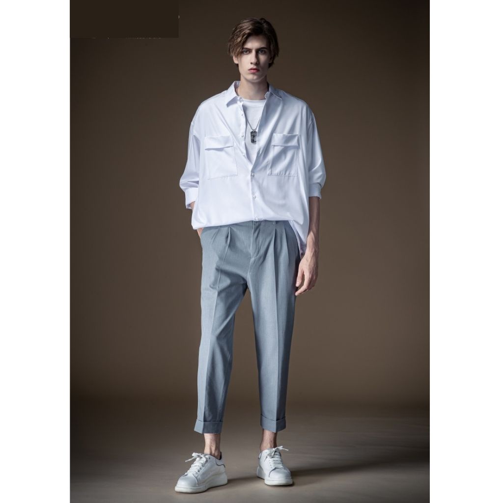 Áo sơ mi nam ANYOUNG - Áo sơ mi dài tay unisex from rộng đen trắng ASM27