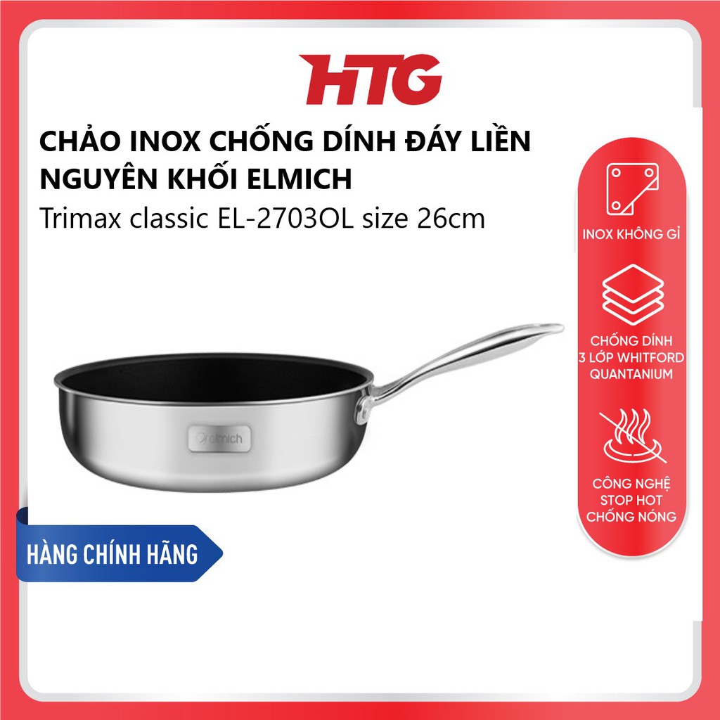 Chảo chống dính Inox dập nguyên khối Elmich Trimax Classic EL-2703OL size 26cm - Tiêu chuẩn Châu Âu - An toàn sức khỏe