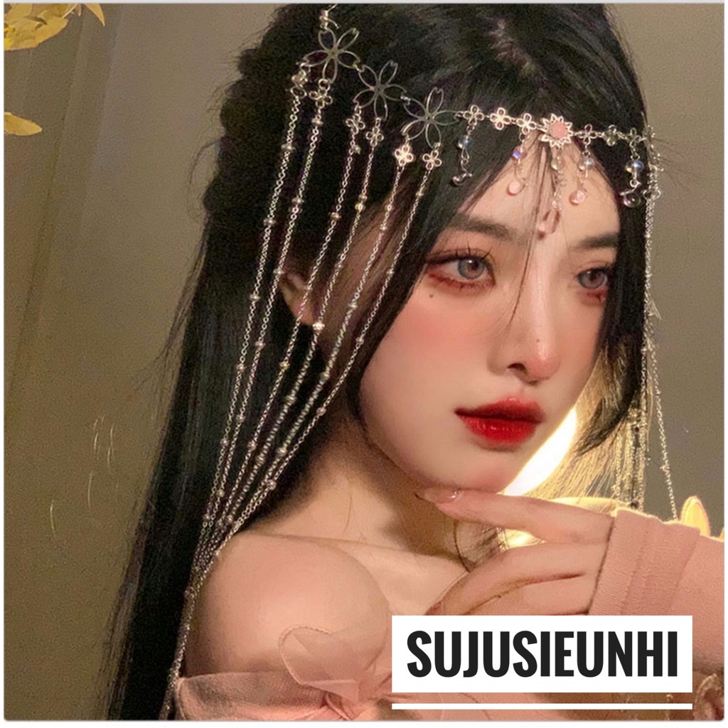 (Có video) Rèm che mặt cổ phong hình hoa và giọt nước hồng tua rua thả dài trang trí trán/ mạng che mặt cổ trang