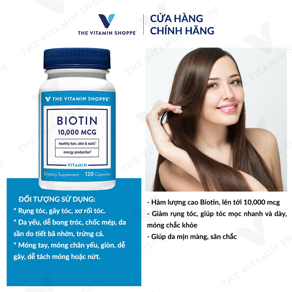 Viên uống tăng cường sức khỏe da, tóc, móng THE VITAMIN SHOPPE Biotin 10,000 MCG 60 viên