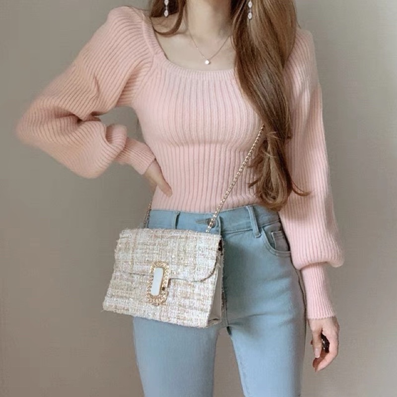Áo len cổ vuông tay bồng siêu đẹp