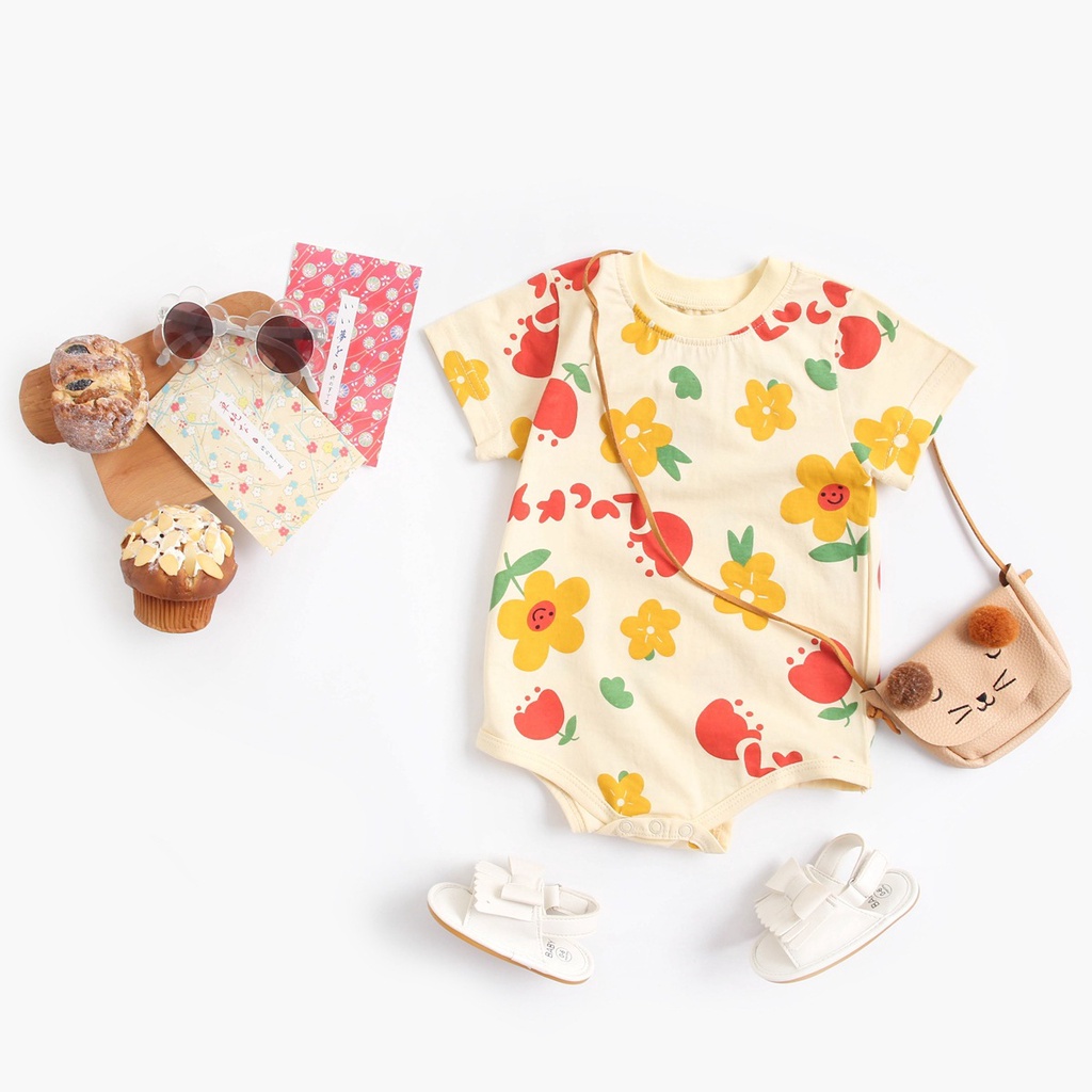 Áo Liền Quần Bằng Cotton Nguyên Chất Tay Cộc In Hoạt Hình Động Vật Phong Cách Hàn Quốc Thời Trang Mùa Hè Cho Bé Sơ Sinh