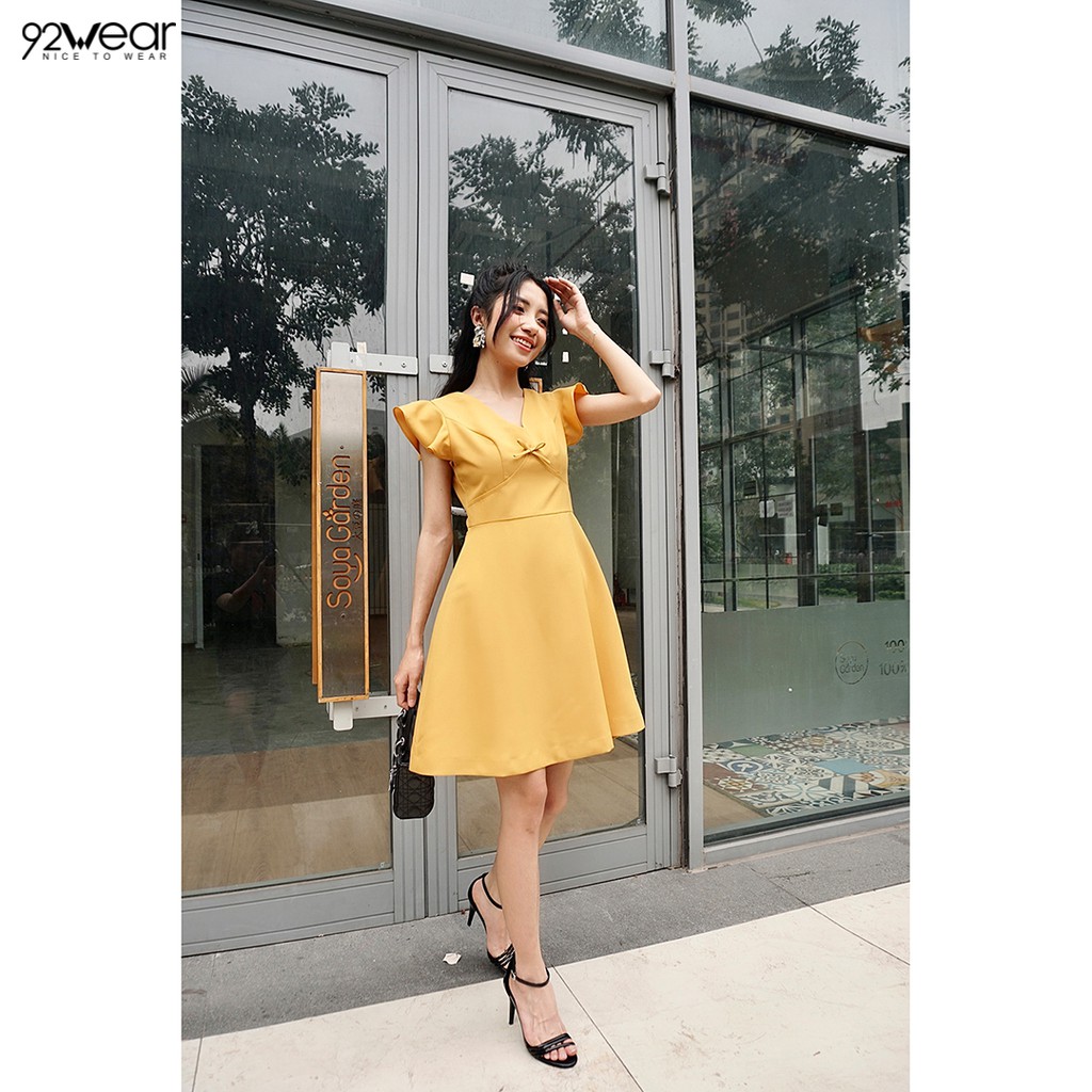 Đầm váy nữ công sở 92WEAR 3 MÀU, đủ size, dáng xòe cổ V tay bèo DEW1041