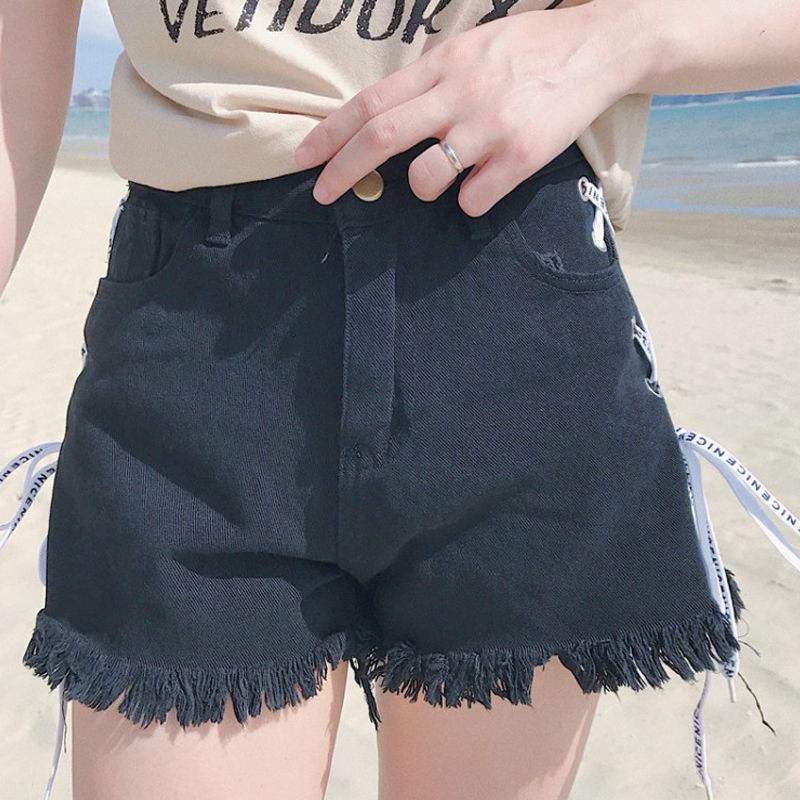 Quần short denim rách gấu phối dây đan chéo bên hông phong cách mùa hè dành cho nữ