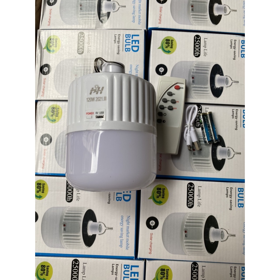 Bóng Đèn Led 120W Tích Điện Và Sạc Năng Lượng Mặt Trời Có Điều Khiển Từ Xa Kèm Theo Củ Sạc