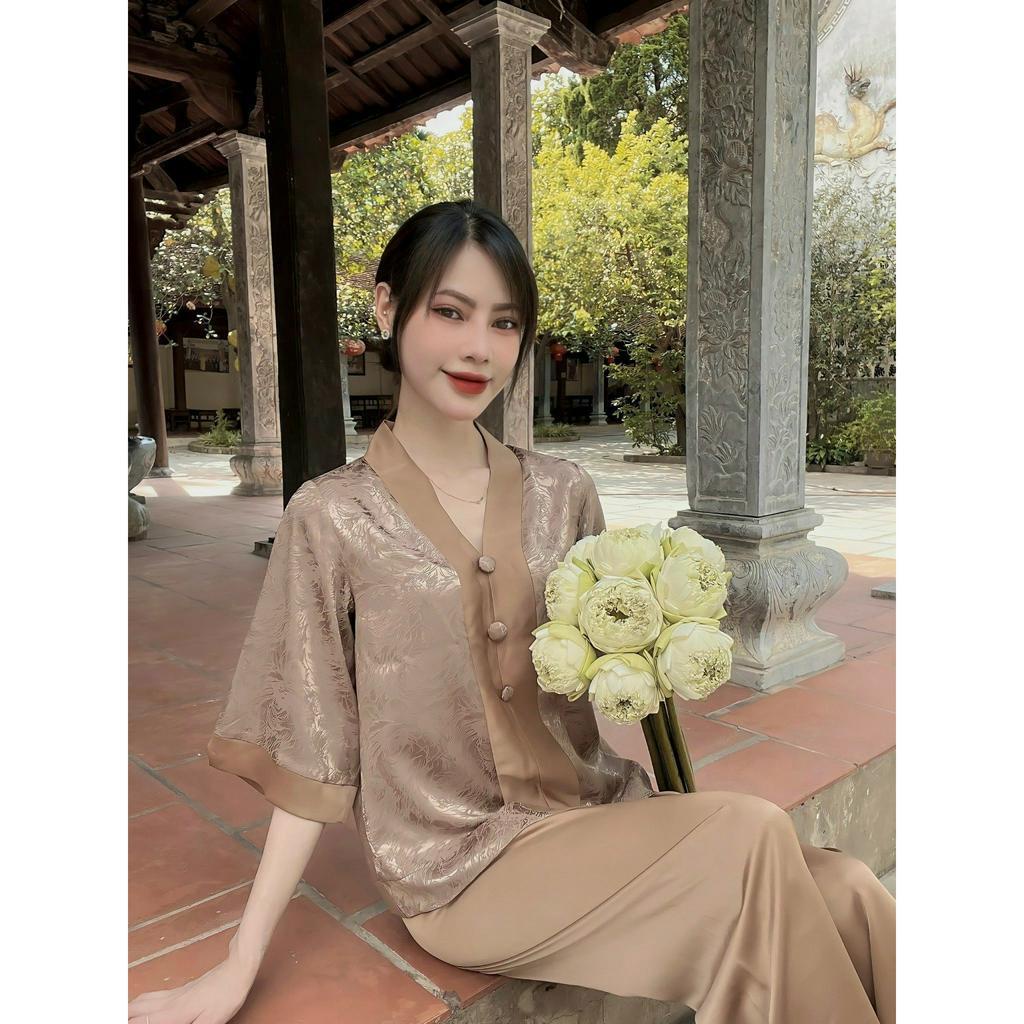 Pháp Phục Khánh An Bộ Phật Tử Đồ Lam Đi Chùa Pháp Phục Tay Lỡ Lụa Gấm Cao Cấp