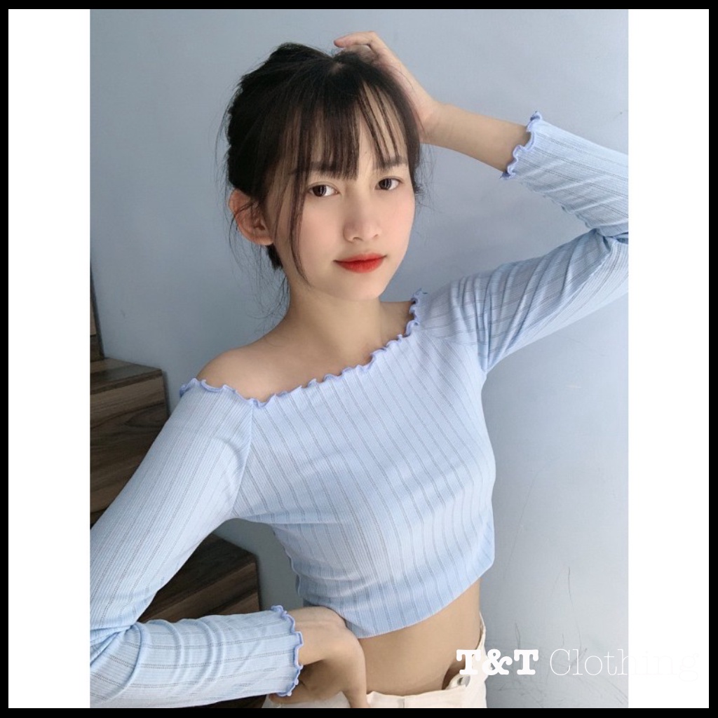 Áo tay dài len gân trễ vai | áo len tăm nữ - AK0040 | 23tshop