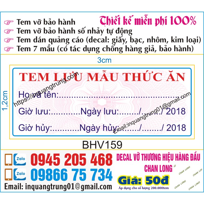 Tem lưu mẫu thức ăn Chuẩn Bộ Y Tế (3x15cm) 220K = 46 cái tem