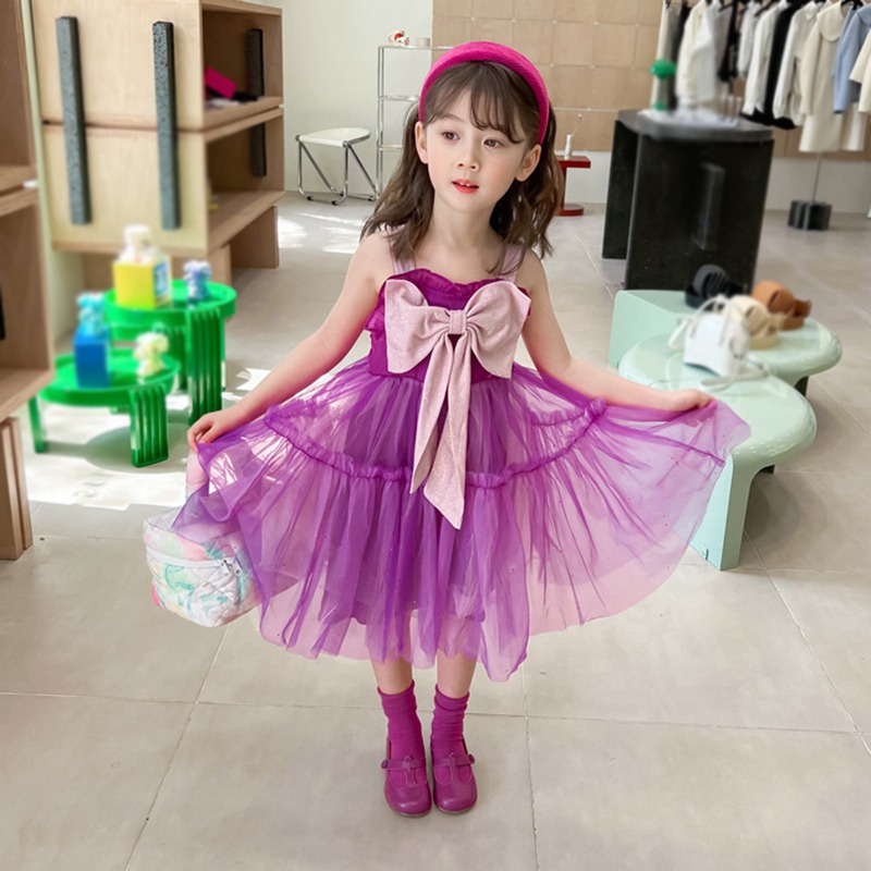 Đầm Công Chúa Hai Dây Phối Lưới Thắt Nơ Phong Cách Hàn Quốc Thời Trang Mùa Hè Dành Cho Bé Gái Sơ Sinh