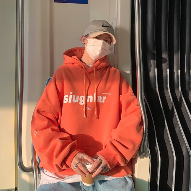 Áo hoodie tay dài có mũ trùm đầu dáng rộng phong cách Hàn Quốc cho nam