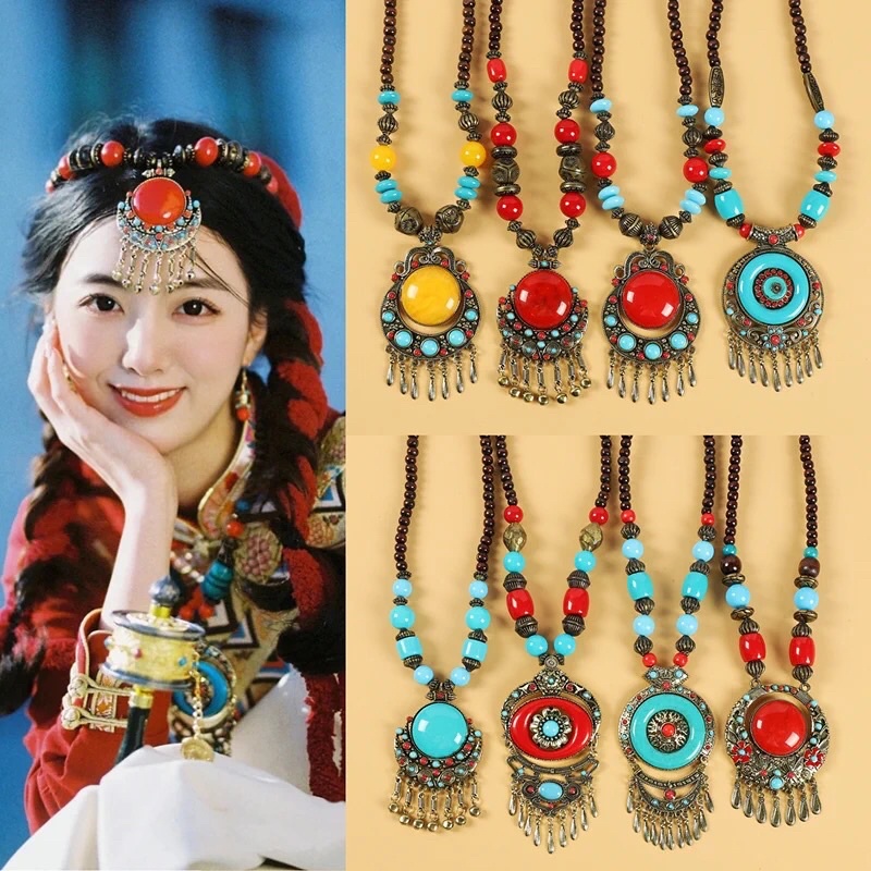Vòng cổ dây chuyền đeo trán kiểu tây tạng mông cổ có sẵn phong cách bohemian dùng make up chụp ảnh