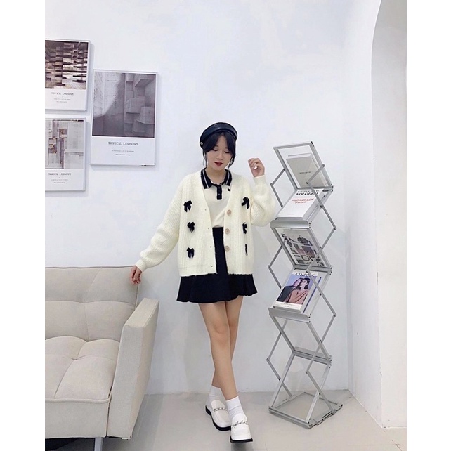 Áo Cadigan cài 3 nơ họa tiết màu đen