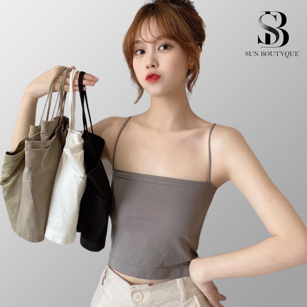 Áo 2 dây nữ có mút ngực cổ vuông SUNBOUTYQUE dáng croptop co giãn 4 chiều quai liền áo