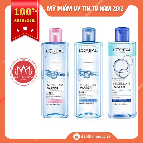 Nước tẩy trang Loreal 400ml 3-in-1 Micellar Water L'oreal Paris Xanh Đậm Sạch sâu - Xanh Nhạt - Hồng Dưỡng Ẩm