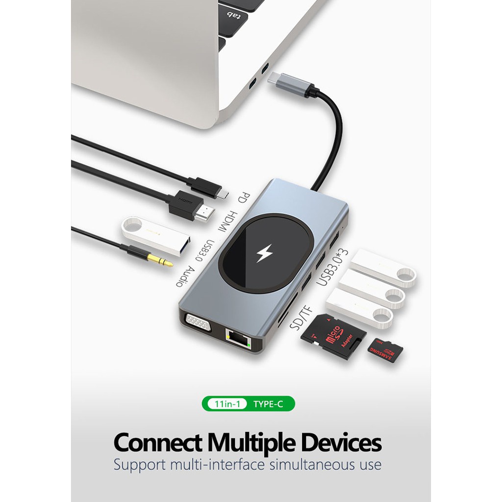 Trạm Sạc Không Dây 11 Trong 1 Chuyển Đổi USB C Sang HDMI 4K VGA 1080P RJ45 USB3.0 3.5mm PD Cho Laptop / Điện Thoại / Máy Tính Bảng