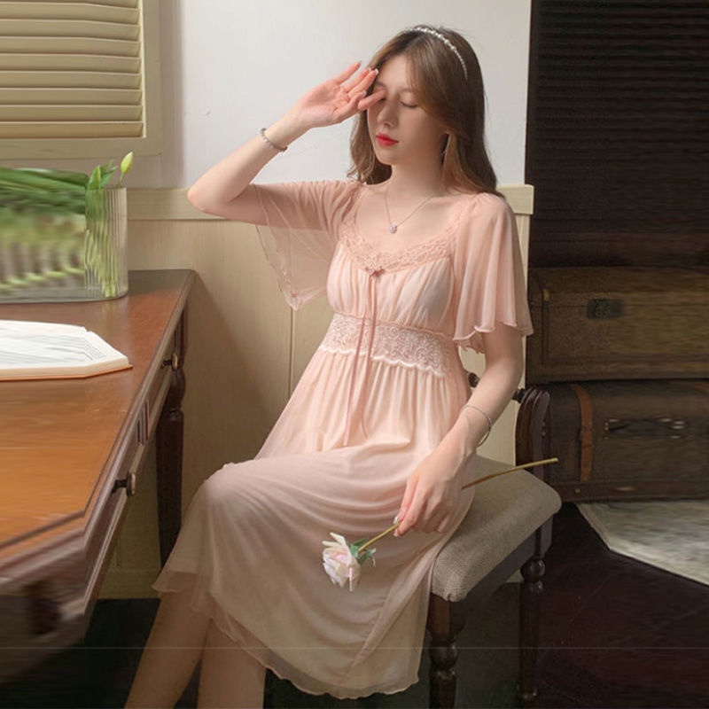 Đầm Ngủ Tay Ngắn Phối Lưới Có Đệm Ngực Thoải Mái Thời Trang Mùa Hè 2022 Phong Cách Mới Cho Nữ