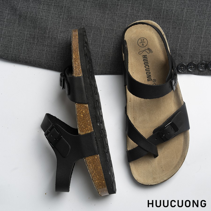 Giày Sandal Unisex HuuCuong xỏ ngón da bò đen đế trấu