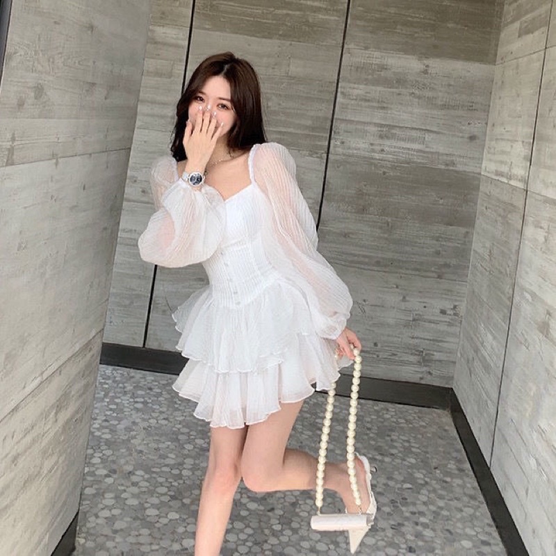 Váy liền thân xoè 2 tầng cổ tay dài bồng nhẹ nhàng dễ thương