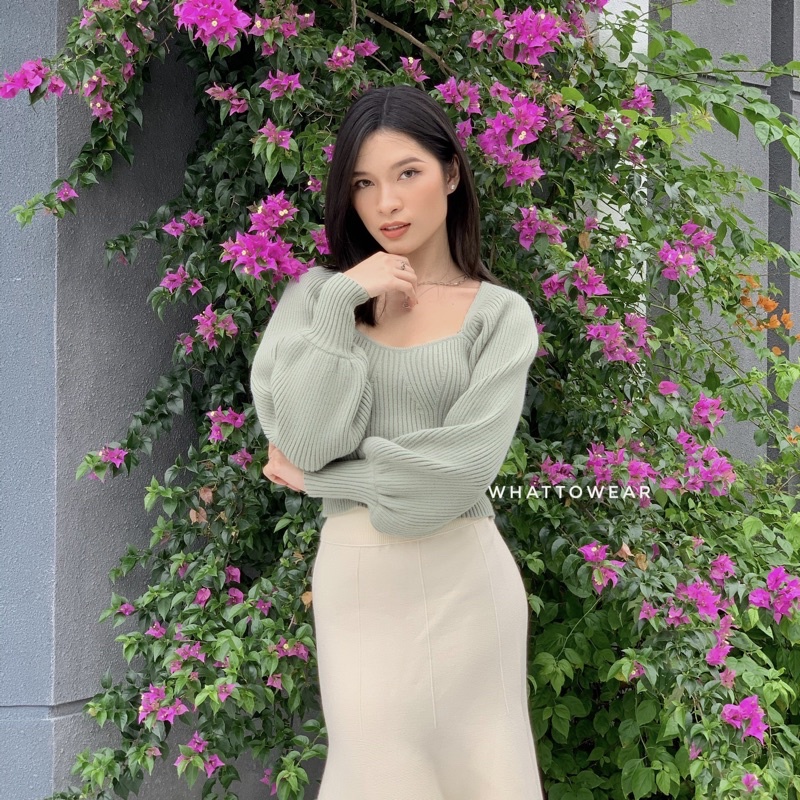 Áo croptop len cúp ngực tay bồng cao cấp 2021