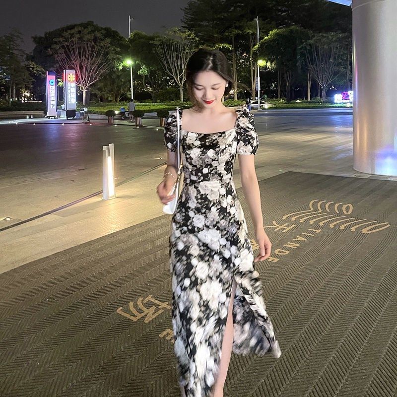 Đầm Tay Phồng Cổ Vuông Họa Tiết Hoa Phong Cách Retro Pháp